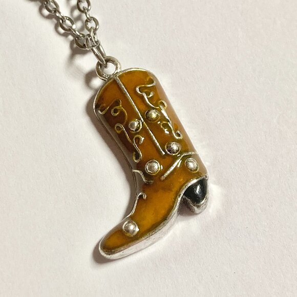 Cowboy Boot Necklace Cowgirl Brown Enamel Country Western Stainless Steel 24" - Picture 2 of 9